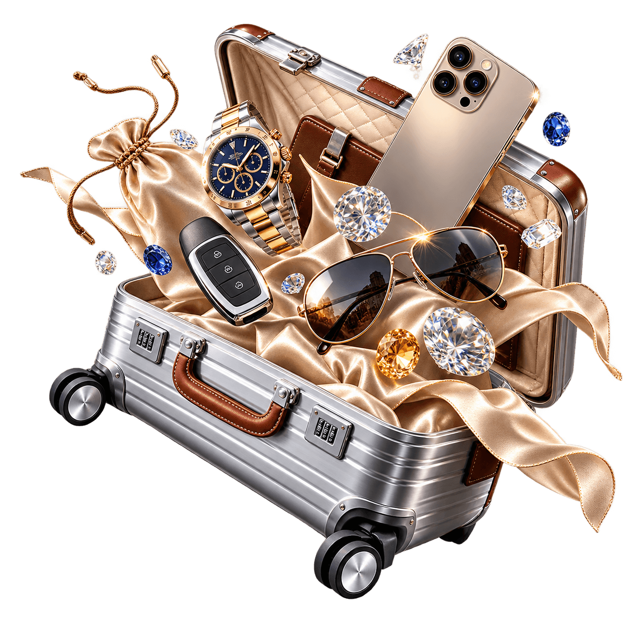 Illustrative physical-product box Illustrative luxury watch and travel-product box
